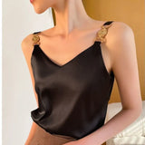 Top V-neck Solid Fashion Sleeveless Top Women Temperament Elegant Office Lady Backless Top Silk Spaghetti Camis Summer