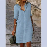 Fongt Ms.'S New Solid-Color Casual Casual Collar Single-D Row Buckle Sleeve Cotton Shirt Mid-Long Dress