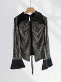 Fongt Earth Wind Unique Top Show Waist Short Black POLO Pointed Collar Draw Rope Horn Sleeve Shirt Forest Witch Wear-Outfit