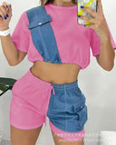 2023 Women's New Imitation Jeans Splicing Short Casual Suit Suit-Outfit