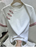 Fongt Chinese Style Embroidered Buckle Short-Sleeved T-Shirt Women 2025 Summer New Simple Jafuse Thin Top