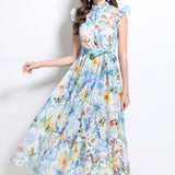 Fongt Slicing Hollow Lace Splicing Small Flying Sleeves To Close The Belt With Thin Temperament Single-Drace Printed Dress