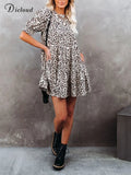 Leopard Summer Dress Women Pocket Short Puff Sleeve Tie Back Vintage Party Robe Babydoll Sexy Mini Female Clothing