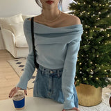 Feminino Off Shoulder Slash Neck Sweater Women Long Sleeve Knitwears Spring Spring Y2k Clothes Elegant Pullover Tops-Outfit
