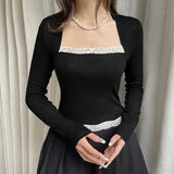 Desire Atmosphere Impact Color Lace Splicing Square Collar Slim Fake Two Jackets T-Shirt 2023 New Style-Outfit