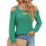 2023 New U Collar Off-Shoulder Splice Long Sleeve Loose T-Shirt Top Women-Outfit