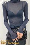 Y2K Fashion Solid Turtleneck T Shirt Women Harajuku Sexy See Through Long Sleeve Tee Slim All-match Basic Pullover