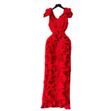 Fongt High-End High-End Light Luxury Small Frills Fold Three-Dimensional Lotus Leaf Side Of The Long Temperament Dress Woman