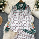 Fongt Suit Female Retro Color Print Bran Long-Sleeved Shirt + High-Waist A Word Half-Dress Skirt