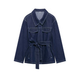 Fongt 2025 New Women's Belt Denim Jacket + Straight Trousers Set