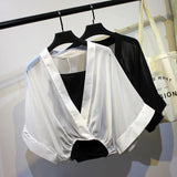 Two Piece Set Striped Chiffon Grid Summer Half Sleeve Loose V-Neck Floral Spring Cool Blouses Sweet Ladies Short Tops
