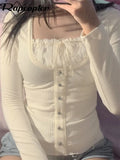 Y2K Sweet Cute Crop Top Lace Frill Bow Pullovers Vintage Square Collar T Shirt Women Skin Button Prepply Korean