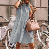 Women Summer Ruffled Casual Dress Loose O-Neck Sleeveless Solid Color Stitching Pullover Dress 2021 New Retro Mini