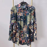 Fongt New Women's Autumn Printing Multi-Color Silk Sipping Long-Sleeved Collar Loose Shirt Top