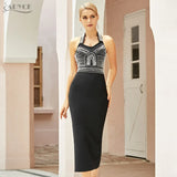 2022 New Summer Women Halter Sleeveless V Neck Black Bandage Dress Sexy Pearls Club Celebrity Runway Party Bodycon