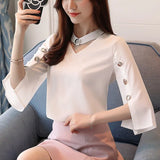 Blouse 2021 Ladies Tops Chiffon Blouse Beading Solid White Shirt Blouse Clothes Shirts Three Quarter V-Neck Chemise
