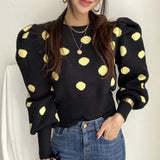 Y2K 2021 Women Autumn Winter Sweaters Knitted Vintage Fashionable Pullovers Elegant Puff Sleeve Dot Short Tops