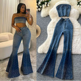 Fongt Hot Diamond Cowboy Suit Women's Summer Sleeveless Chest Vest + High-Waisted Denim Horn Trousers