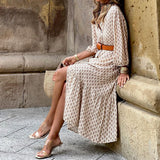 Fongt Spot 2024 Autumn / Winter New Fashion Belt Printing V-Collar Simple Temperament Long Dress-Outfit