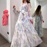 Fongt Women's Chiffon Print Dress Open Shirt Swing Belt Fashion Broken Flower Long 8072