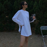 Split Fork Long T-shirt Women Casual Basic O-neck Long Sleeve Tee Shirt Autumn 2023