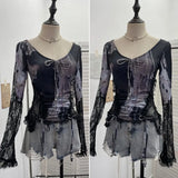 Fongt Lace Splicing Long-Sleeved T-Shirt Women's Bow Strap Hollow Irregular Blouse 6179