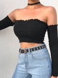 Sleeve Top Corset Top Women Off Shoulder T-Shirt New Year White Crop Top Fall Winter Sexy Solid Tees Streetwear Y2K