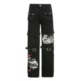 Gothic Printed Jeans Casual Cool Streetwear Dark Loose Low Waisted Wid Leg Pants Women Fashion Trousers Autumn