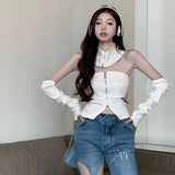 Zipper Knitted Crop Top with Sleeves High Street Sexy Backless Irregular Solid Color Camisole Women New-Outfit