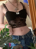 Dark Gothic Skull Graphic Embroidery Black Camis Sexy Mesh Patchwork Transparant Bodycon Crop Top Women Sleeveless