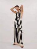 Fongt Eastern Women's Fashion Casual Elegant Bare Back Set Striped Broad Leg Pants