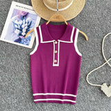 Fongt Style Striped Knitted Sleeveless Vest Women's Summer Collar Slimming Design Chic Beautiful Little Man Top