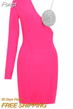 2023 New Ladies Dress Shiny Luxury Diamond One-Shoulder Design Long Sleeve Celebrity Club Black Sexy Mini Bandage