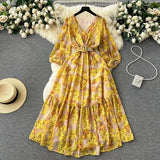 Fongt Retro Floral Dress Women's Spring And Summer Lantern Sleeve Design Sense Small Thousand Gold Princess Temperament Swing Holiday