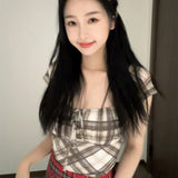 Fongt New Sexy Hot Girl Pleated Lace Bump Color Plaid Square Collar Slim Short-Sleeved T-Shirt