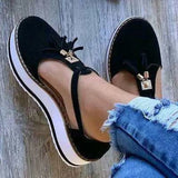 New Women Summer Sandals Fashion Buckle Strap Solid Fringe Cover Heel Flat Platform Heel Casual Ladies Plus Size