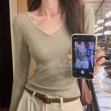 V-Collar Solid Color Long-Sleeved Woolen Blouse A New Style Slim And Slim Sweater In Autumn And Winter-Outfit