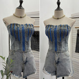 Fongt Shooting Retro Do Old Zipper Niche Vest Rivet Water Wash Denim Braid Short Open Shirt Wrapped Brae 8901
