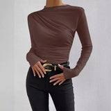 Fongt Solid Color Trim Bottom Shirt Folding Design Long-Sleeved T-Shirt Lady
