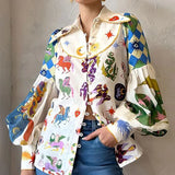 Fongt Women's New Temperament Commuting Print Collar Single Buckle Lantern Sleeve Lady Shirt Women