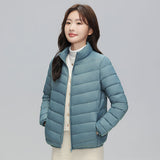 2023 Autumn And Winter New Light Down Jacket Female Short 90 White Duck Down Standing Collar Show Thin Casual Large Size Coat Tide-Outfit