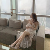 Fongt Summer New White Chest Buckle Clasp Irregular Lace Perspective Two Sets Of Sling Dress
