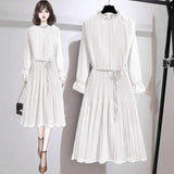 Solid Party Dress Female 2022 Spring Summer New Loose Casual Lotus Leaf Collar Lantern Sleeve Midi Pleated Chiffon
