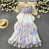 Fongt New Flower Series Holiday Dress Women's Lotus Leaf Side Shoulder-Repair Long Chiffon Fairy Dress
