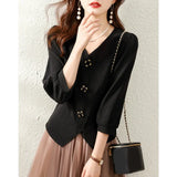 Fongt Niche Shirt Women 2025 Spring New Seven-Sleeve V-Necked Black Waist-Skinny Blouse Tide