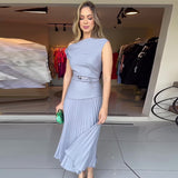 Fongt Summer New Women's Solid Color Collar Fashion Splicing Sleeveless Dress