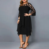 Fongt Women's Lace Splicing Seven-Sleeve Irregularly Sleeves Chiffon Dress Women