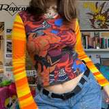 Printed y2k Crop Top Cute Long Sleeve T Shirt V Neck Slim Basic Casual Pullovers Women Retro Harajuku Tee Tops