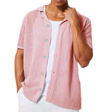 Fongt Men's Casual Knit Shirt Men's Summer New Solid Color Lapel Hollow Out Breathable Men's Short-Sleeved