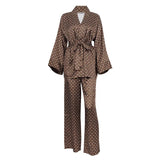Fongt New Spring / Summer 2023 Can Wear Satin Pajamas Cardigan Lace Print Loose Suit Home Clothes-Outfit